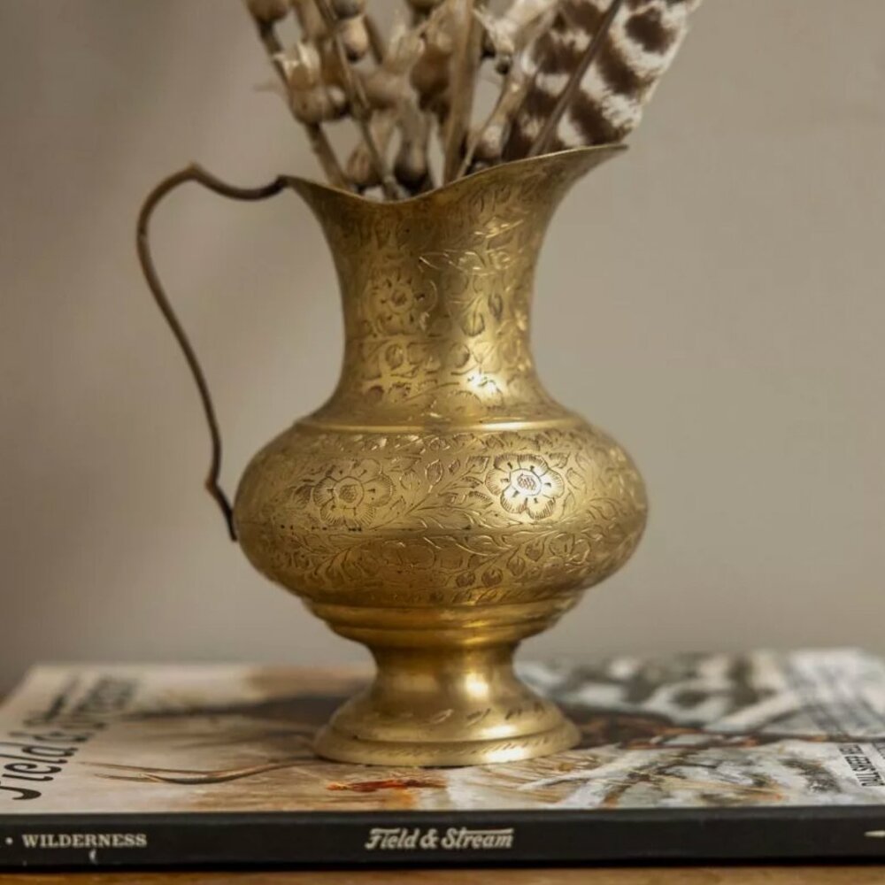Vintage Brass Pitcher/Vase, Etched Floral Design, Beautiful Patina with Handle